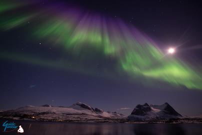 Colorful Aurora together with the moon over the mountains by the fjord